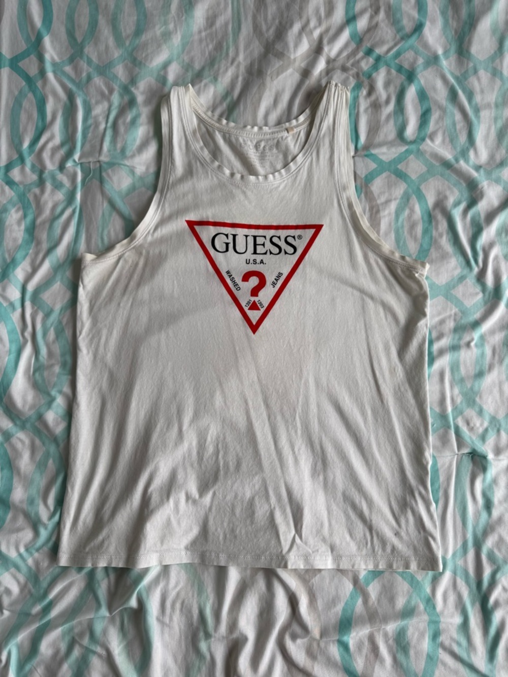 GUESS White Logo Crewneck Tee with Subtle Grey Print